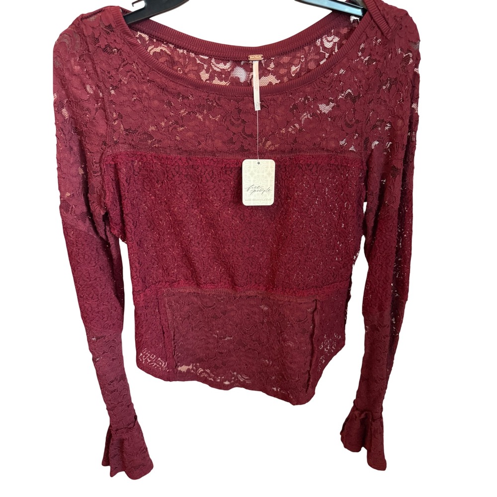 Free People Burgundy Lace Mixed Media Boho Long Sleeve Bell Cuff Top M OB2291557